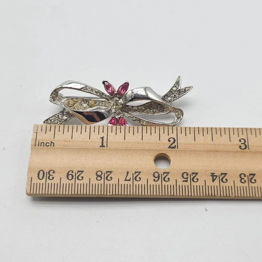 Vintage Silver Rhinestone Bow Brooch Pin With Pink and Clear Crystals